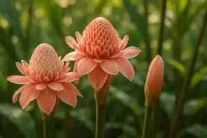 ```json { "altText": "Fleur de gingembre rose et blanche en gros plan dans un jardin tropical luxuriant avec feuillage vert", "caption": "Magnifiques fleurs de gingembre torch aux pétales roses et blancs, parfaites pour embellir un jardin tropical.", "description": "Cette photographie botanique présente des fleurs de gingembre torch (Etlingera elatior) dans leur habitat naturel, avec leurs structures coniques caractéristiques et leurs pétales vibrants roses et blancs. L'image illustre parfaitement la beauté ornementale de la fleur de gingembre et aide à identifier cette plante tropicale prisée des jardiniers. Idéale pour accompagner un guide complet sur la culture et l'utilisation de cette espèce exotique." } ```