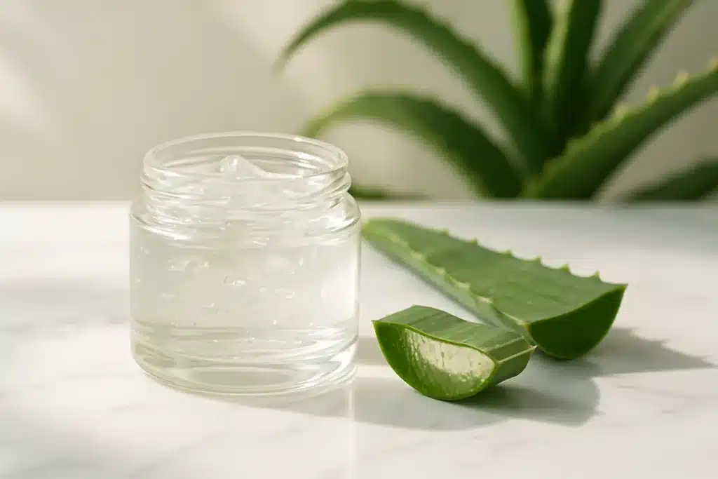 ```json { "altText": "Gel aloe vera pur dans un pot en verre transparent avec feuilles d'aloe vera fraîches coupées", "caption": "Un gel aloe vera authentique se distingue par sa texture transparente et sa présentation aux côtés de feuilles fraîches.", "description": "Pot en verre contenant du gel aloe vera pur posé sur une surface en marbre blanc, accompagné de feuilles d'aloe vera fraîchement coupées montrant le gel naturel à l'intérieur. Cette image illustre les caractéristiques visuelles d'un véritable gel aloe vera non dilué, permettant de distinguer les produits authentiques des formules diluées disponibles sur le marché.", "title": "Gel Aloe Vera Pur - Identification Produit Authentique" } ```