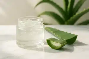 ```json { "altText": "Gel aloe vera pur dans un pot en verre transparent avec feuilles d'aloe vera fraîches coupées", "caption": "Un gel aloe vera authentique se distingue par sa texture transparente et sa présentation aux côtés de feuilles fraîches.", "description": "Pot en verre contenant du gel aloe vera pur posé sur une surface en marbre blanc, accompagné de feuilles d'aloe vera fraîchement coupées montrant le gel naturel à l'intérieur. Cette image illustre les caractéristiques visuelles d'un véritable gel aloe vera non dilué, permettant de distinguer les produits authentiques des formules diluées disponibles sur le marché.", "title": "Gel Aloe Vera Pur - Identification Produit Authentique" } ```