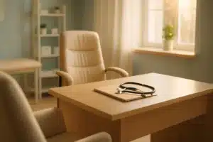 ```json { "altText": "Cabinet médical vide avec bureau et stéthoscope illustrant la recherche d'un nouveau médecin traitant", "caption": "Un cabinet médical accueillant symbolisant la recherche d'un nouveau médecin traitant pour assurer son suivi de santé.", "description": "Cabinet de consultation médicale moderne et chaleureux représentant la situation des patients qui n'ont plus de médecin traitant et cherchent comment faire pour retrouver un suivi médical. L'atmosphère accueillante du cabinet illustre les solutions concrètes disponibles en 2026 pour trouver un nouveau praticien et maintenir une prise en charge médicale de qualité." } ```