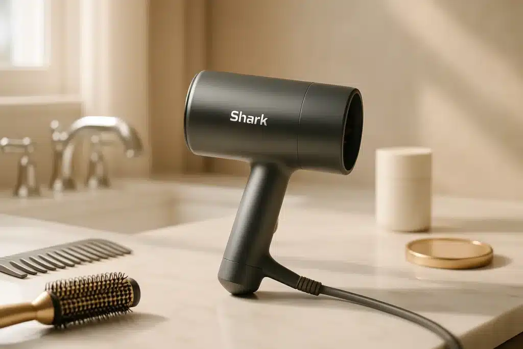 ```json { "altText": "Sèche cheveux Shark posé sur comptoir en marbre blanc avec accessoires de coiffure professionnels", "caption": "Le sèche cheveux Shark dans un environnement professionnel, illustrant son positionnement haut de gamme face à Dyson.", "description": "Mise en scène professionnelle d'un sèche cheveux Shark sur un comptoir en marbre blanc, entouré d'accessoires de coiffure élégants. Cette image illustre notre comparatif 2026 des modèles de sèche cheveux Shark et leur positionnement comme alternative crédible aux produits Dyson dans le segment premium des appareils de coiffure." } ```