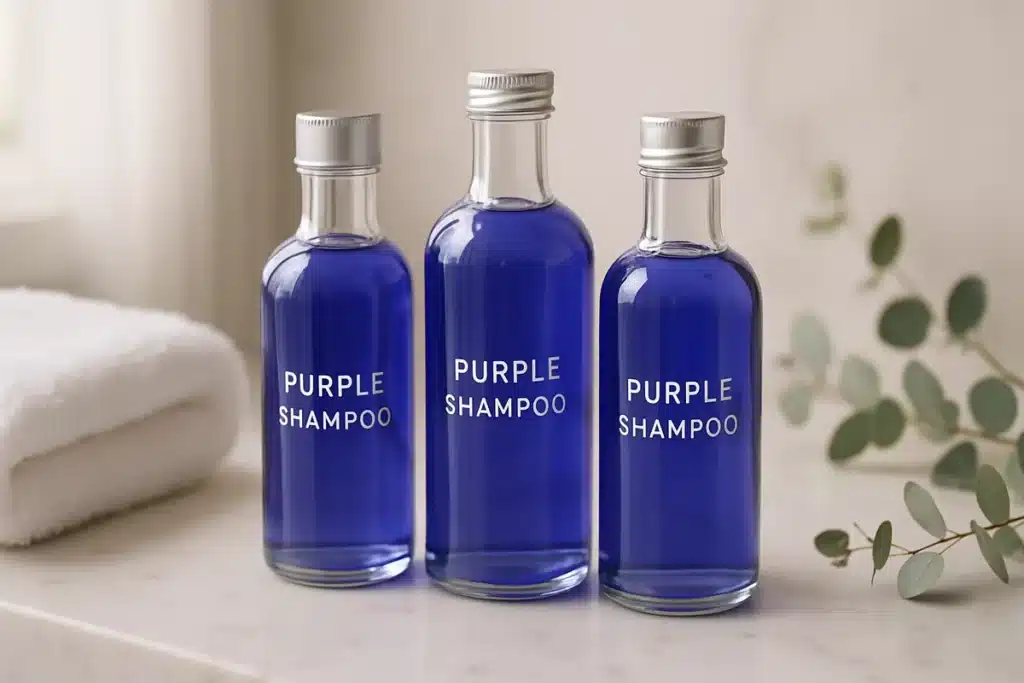 ```json { "altText": "Flacons de shampoing bleu disposés sur un comptoir en marbre blanc dans une salle de bain élégante", "caption": "Sélection de shampoings bleus professionnels pour neutraliser les reflets jaunes et entretenir les cheveux blonds ou gris.", "description": "Cette mise en scène professionnelle présente différents flacons de shampoing bleu sur un comptoir en marbre, illustrant les options disponibles pour neutraliser les reflets indésirables. Le shampoing bleu, également appelé shampoing violet, est un soin capillaire essentiel pour maintenir l'éclat des cheveux blonds, décolorés ou gris en éliminant les tons jaunes ou cuivrés." } ```