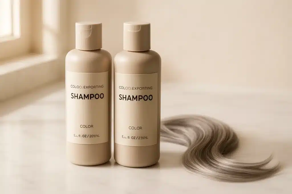 ```json { "altText": "Flacons de shampoing colorant sur comptoir en marbre avec mèches de cheveux gris et argentés", "caption": "Sélection de shampoings colorants professionnels présentés dans un environnement spa luxueux, illustrant les options disponibles pour couvrir les cheveux blancs.", "description": "Mise en scène professionnelle de flacons de shampoing colorant disposés sur un comptoir en marbre blanc, accompagnés de mèches de cheveux gris et argentés. Cette image illustre les produits capillaires pigmentés utilisés pour traiter et colorer les cheveux blancs, dans une ambiance luxueuse et épurée qui reflète la qualité des soins capillaires modernes en 2026." } ```