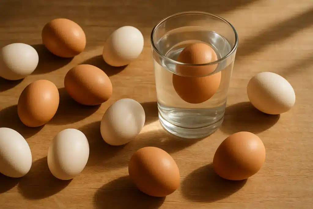 Test des oeufs frais dans un verre d'eau avec œufs bruns et blancs sur comptoir en bois rustique