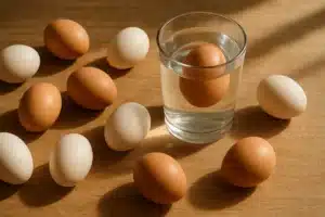 Test des oeufs frais dans un verre d'eau avec œufs bruns et blancs sur comptoir en bois rustique