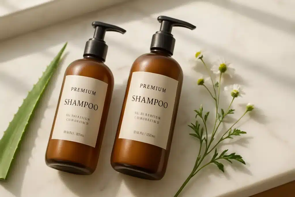 ```json { "altText": "Flacons de shampoing psoriasis haut de gamme sur comptoir en marbre avec plantes apaisantes", "caption": "Sélection de shampoings spécialisés pour le traitement du psoriasis du cuir chevelu dans un environnement spa apaisant.", "description": "Présentation professionnelle de shampoings psoriasis premium disposés sur un comptoir en marbre blanc, accompagnés d'éléments botaniques naturels comme l'aloe vera et la camomille. Cette mise en scène illustre les critères essentiels pour choisir un shampoing psoriasis efficace : formulation douce, ingrédients apaisants naturels et approche thérapeutique adaptée aux cuirs chevelus sensibles." } ```