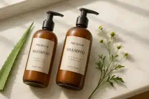 ```json { "altText": "Flacons de shampoing psoriasis haut de gamme sur comptoir en marbre avec plantes apaisantes", "caption": "Sélection de shampoings spécialisés pour le traitement du psoriasis du cuir chevelu dans un environnement spa apaisant.", "description": "Présentation professionnelle de shampoings psoriasis premium disposés sur un comptoir en marbre blanc, accompagnés d'éléments botaniques naturels comme l'aloe vera et la camomille. Cette mise en scène illustre les critères essentiels pour choisir un shampoing psoriasis efficace : formulation douce, ingrédients apaisants naturels et approche thérapeutique adaptée aux cuirs chevelus sensibles." } ```
